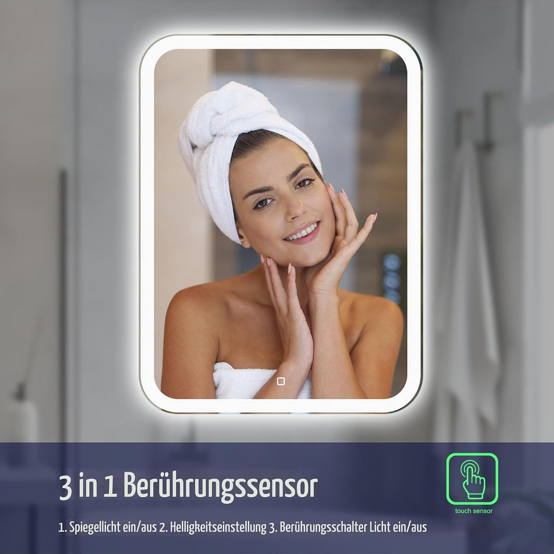 Venti 50x70cm Vertikaler Badezimmerspiegel mit LED Beleuchtung, Beleuchteter Badspiegel mit Touch Sc