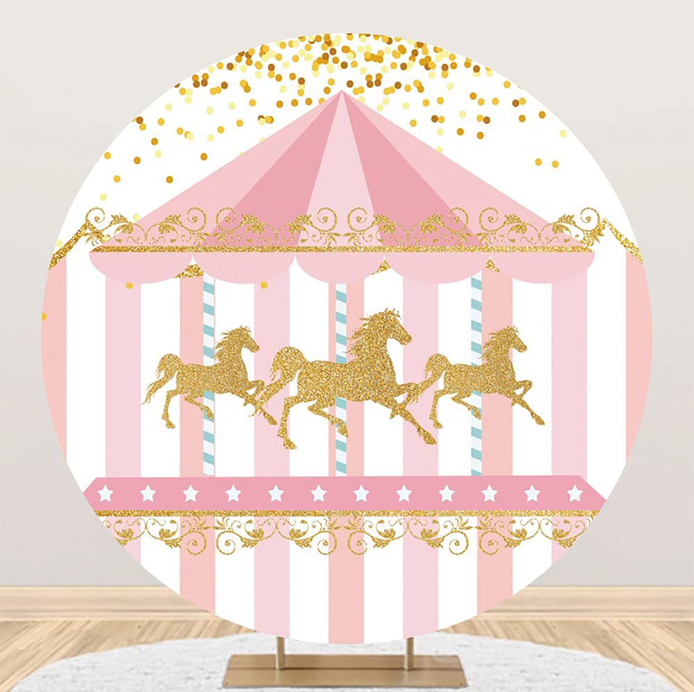 Aoihrraan 150cm Durchmesser Cartoon Runder Hintergrund für Fotografie Rosa Weiss Gestreift Goldene P