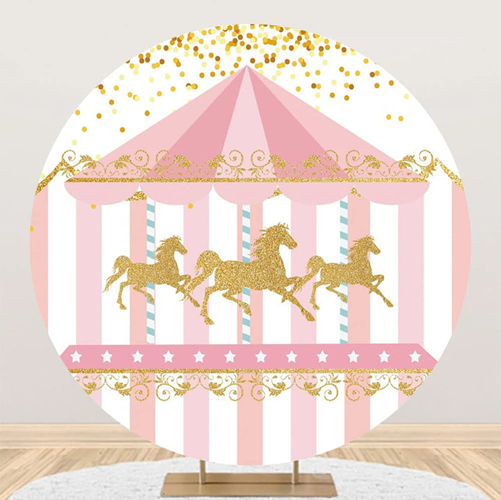 Aoihrraan 150cm Durchmesser Cartoon Runder Hintergrund für Fotografie Rosa Weiss Gestreift Goldene P