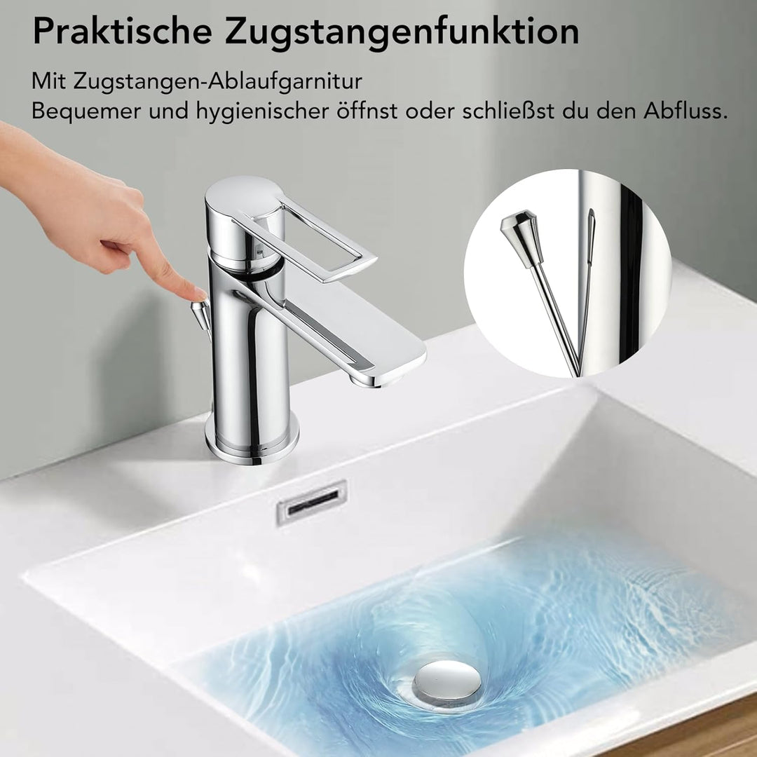 Wasserhahn Bad mit Zugstange, Einhebel-Waschtischarmatur mit Ablaufgarnitur, Chrom Einhandmischer Wa