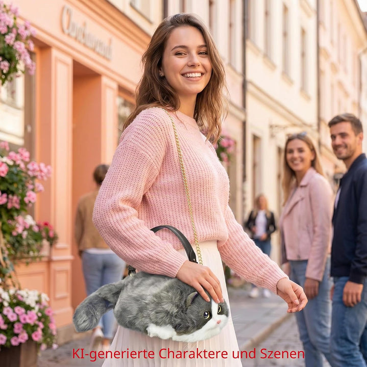 HUIJUFU Realistische Puffy-Plüsch-Katzentasche in Form einer Umhängetasche für Frauen (blau weiss) B