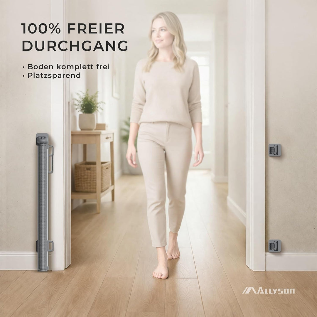 Allyson® Treppen- & Türschutzgitter ohne Bohren, ausziehbar 140 cm, Grau | 2-in-1-Montage: Klebepads