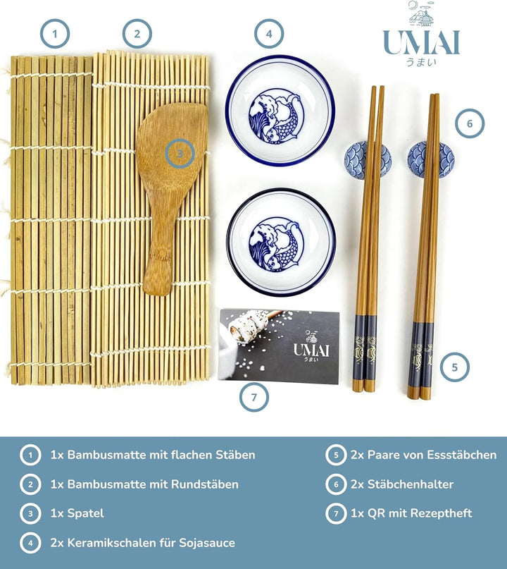 UMAI Sushi-Set, Sushi-Set für zu Hause, ideal für Anfänger, Sushi-Set, 2 Sushi-Matten + Palette + 2