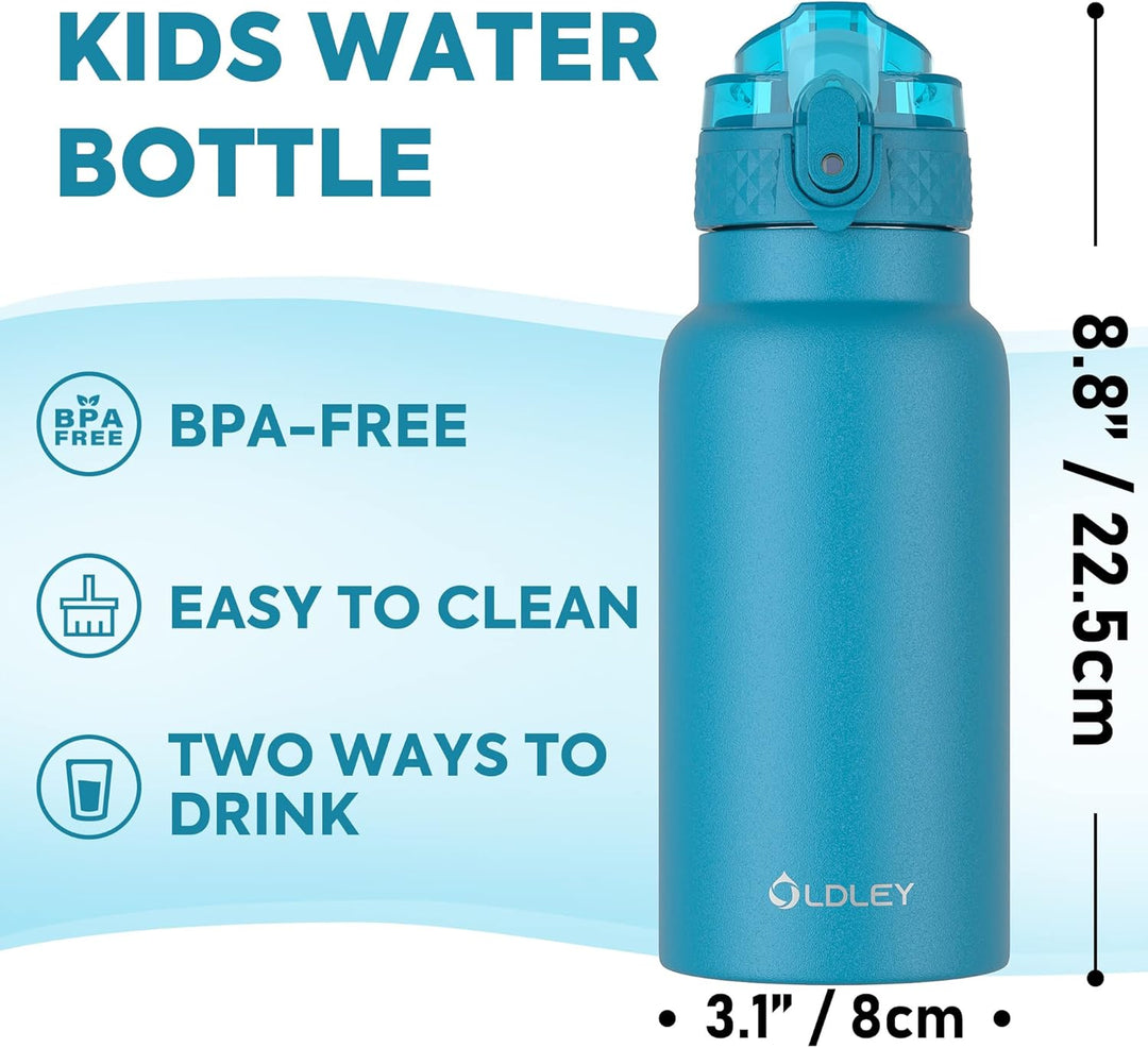 OLDLEY 500ml Kinder Edelstahl Wasserflasche mit Stroh für Schule mit 2 verschiedenen Deckeln, Metall