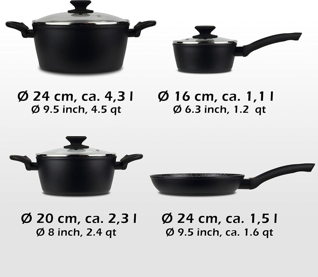 Linnuo Topfset Topf Pfannenset 7tlg - 3 Töpfe mit Glasdeckel & 1 Pfanne - Alu Kochtopf Set Marmor Ke