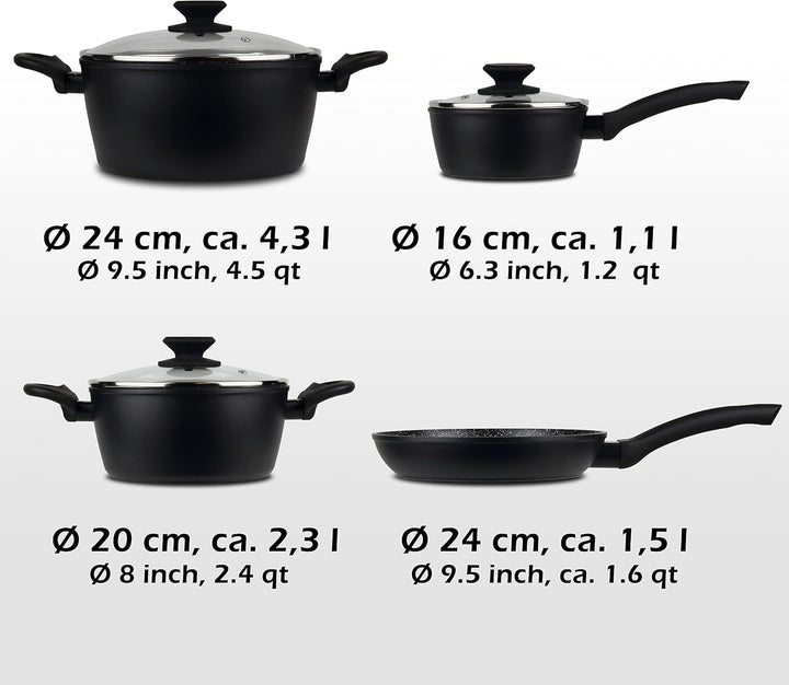 Linnuo Topfset Topf Pfannenset 7tlg - 3 Töpfe mit Glasdeckel & 1 Pfanne - Alu Kochtopf Set Marmor Ke