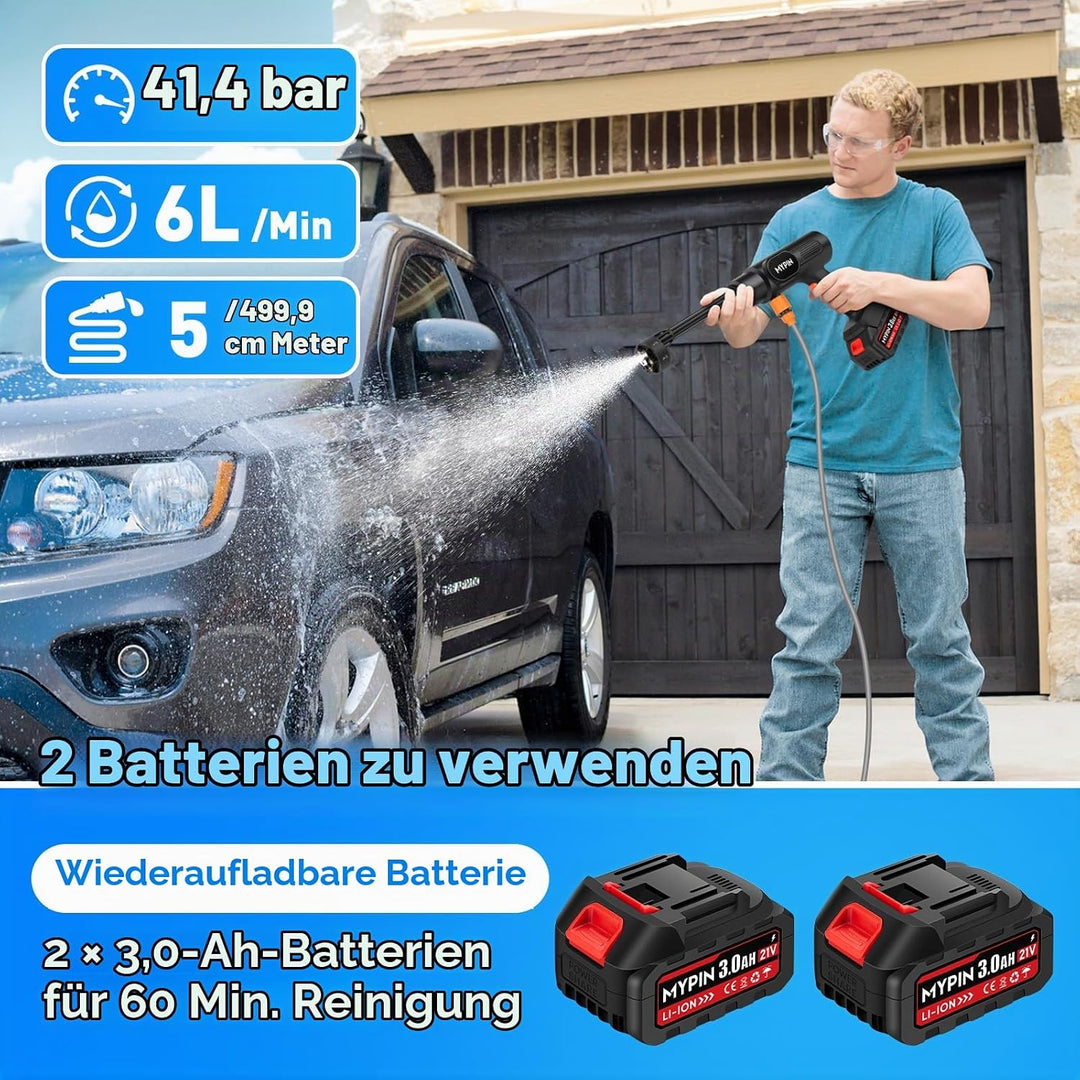 MYPIN Tragbarer kabelloser Hochdruckreiniger mit Zwei 21V Akku, 600 PSI Hochdruckreiniger, 6-in-1-Dü