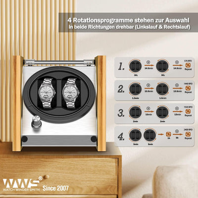 Watch Winder Smith Uhrenbeweger aus Bambusholz und Metall für 2 Uhren, WWS-B1BAM