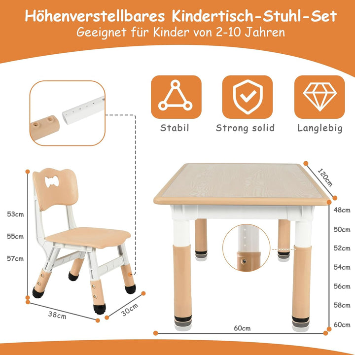MAMIZO Kindertisch Packung mit 6 Stühlen, Kindertischgruppe Höhenverstellbar, Kinder Tisch Stuhl Set