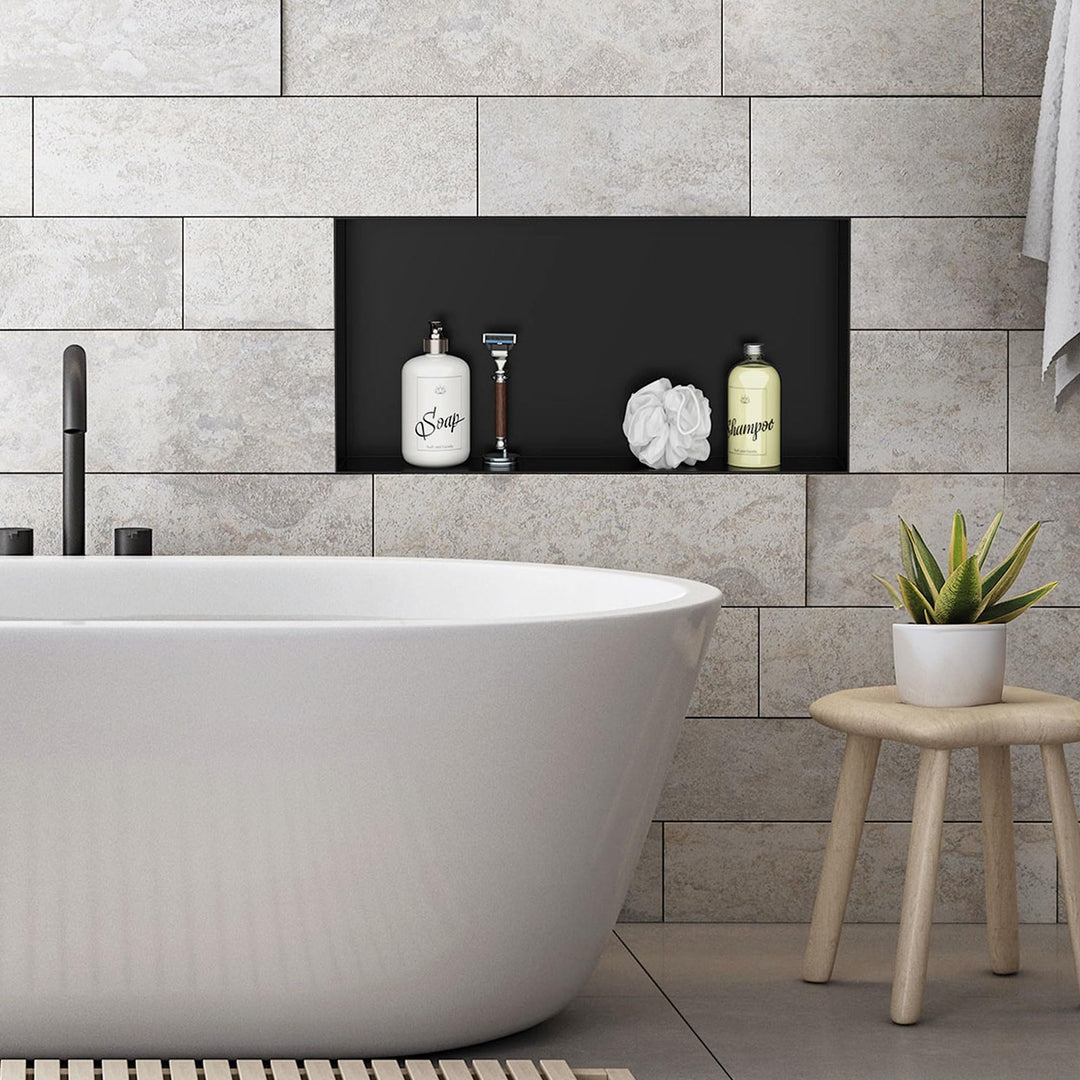 LuxeBath Wandnische aus Edelstahl, 60x30x10 cm, Schwarz, Duschnische, Randlos, Einbauregal, Flexible