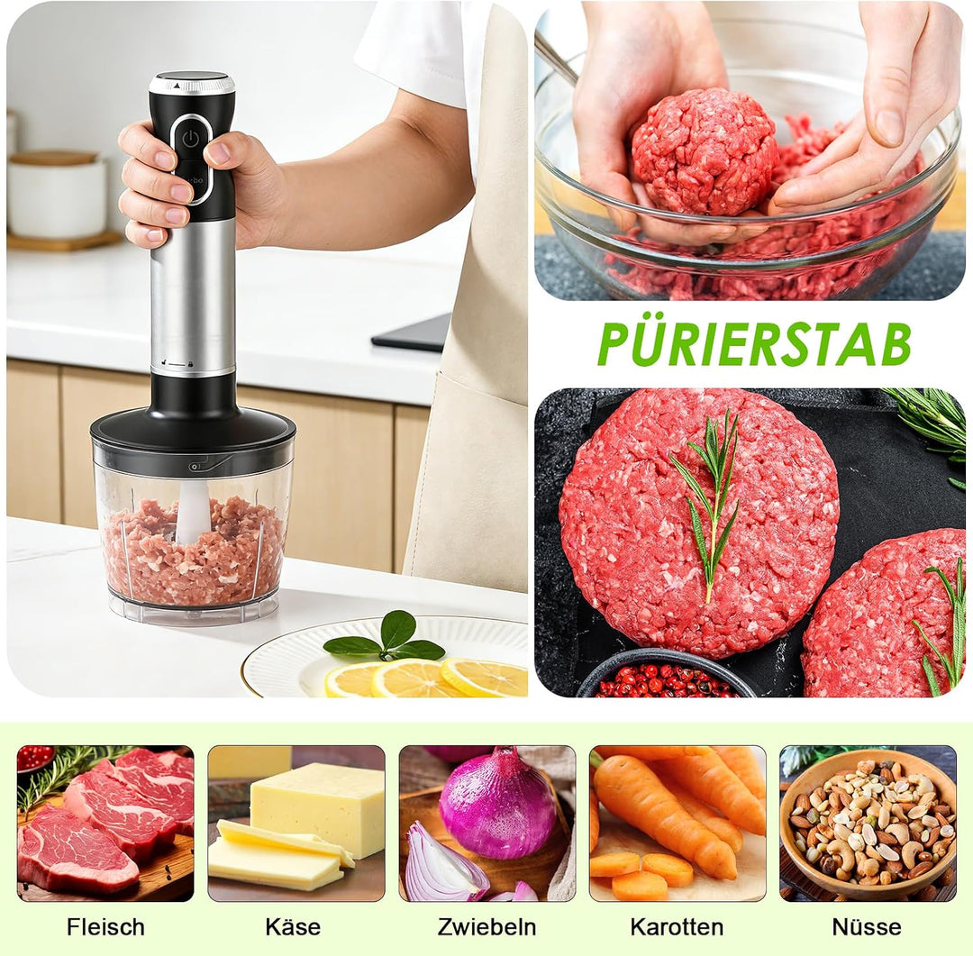 4-In-1 Elektrische Stabmixer, 1000 W Pürierstab mit 12 Geschwindigkeiten, Stabmixer Edelstahl Schnee