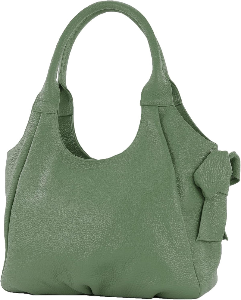 modamoda de - IT28 - ital Damen Schultertasche aus Leder Flaschengrün/Leder, Flaschengrün/Leder