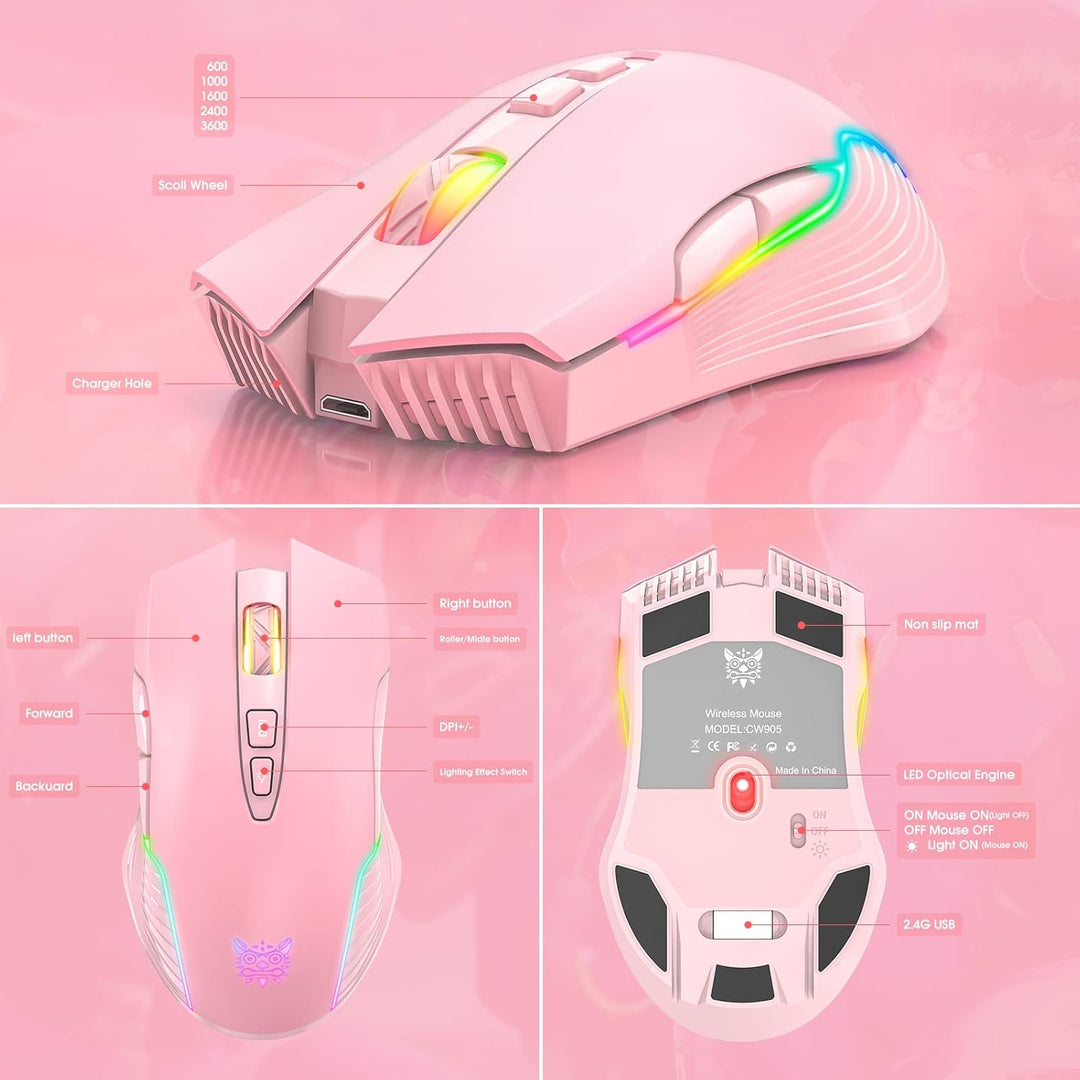 Wiederaufladbare Kabellose Gaming-Maus, Ergonomische RGB-Computermaus mit 2,4-G-Empfänger, Einstellb