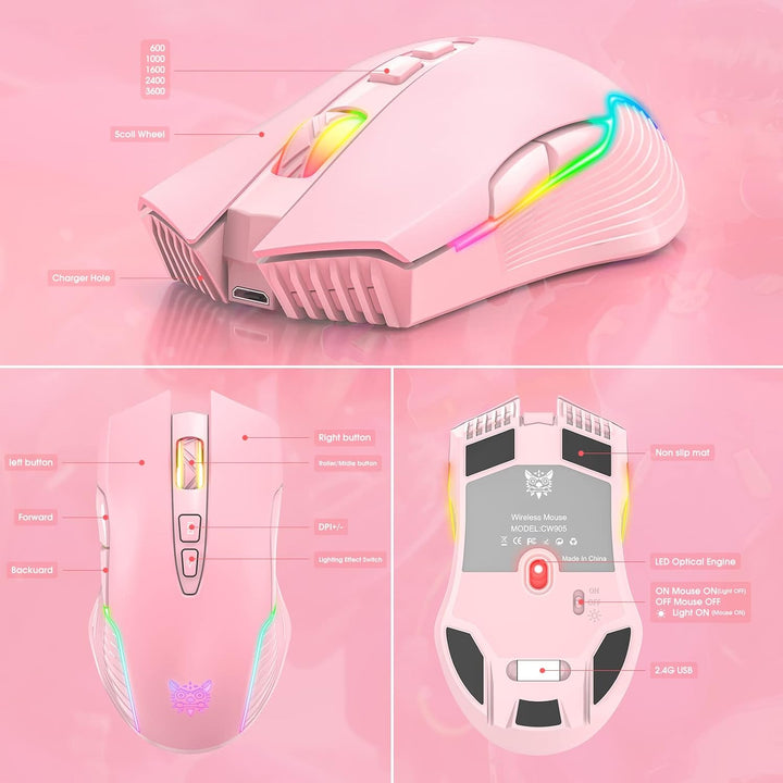Wiederaufladbare Kabellose Gaming-Maus, Ergonomische RGB-Computermaus mit 2,4-G-Empfänger, Einstellb