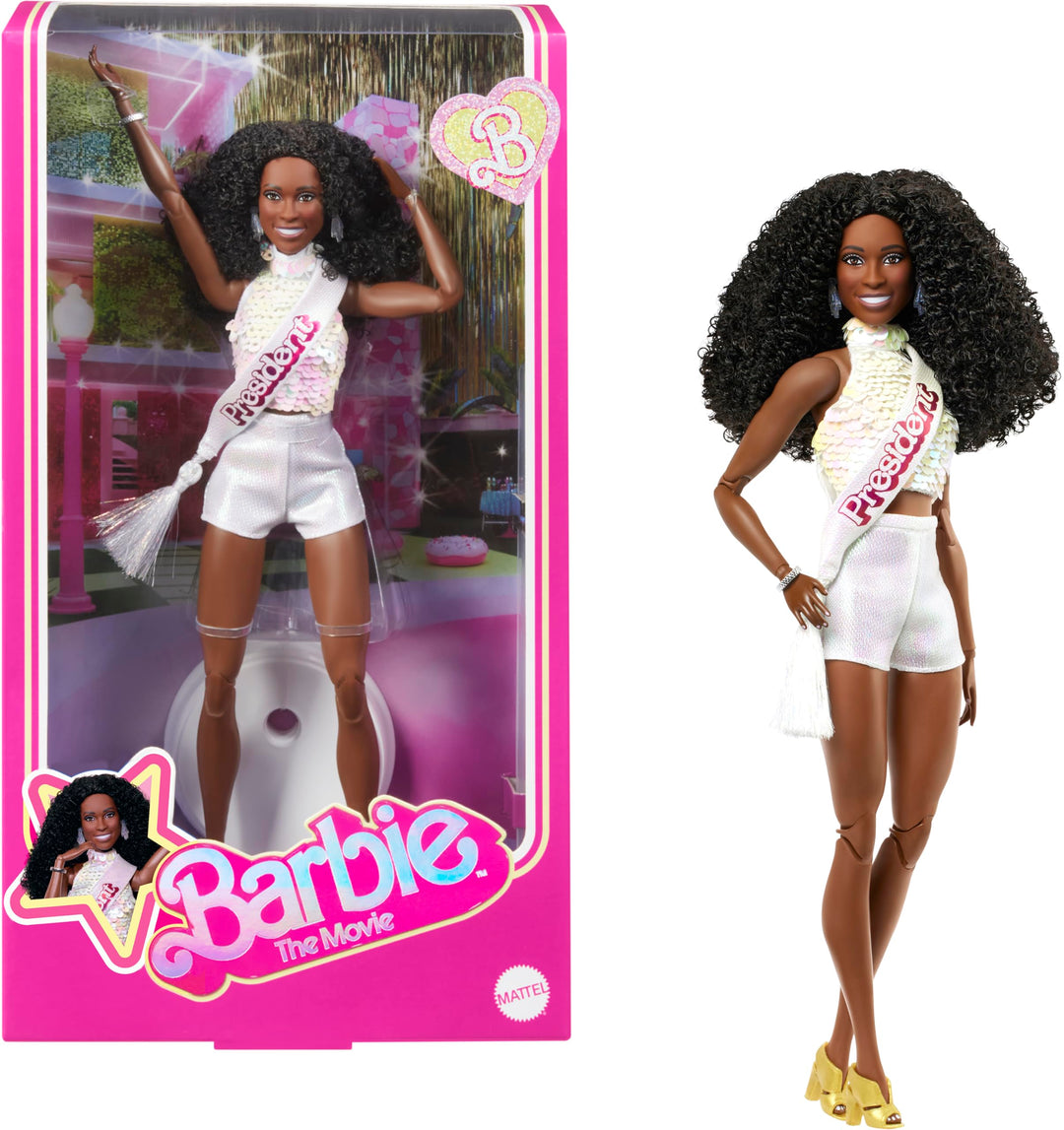 Barbie The Movie Sammelpuppe, ISSA Rae als Präsidentin glitzernden weissen Set aus Bluse und Shorts,
