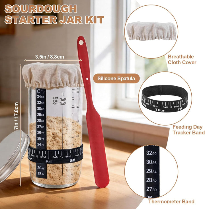 Sauerteig Starter Set mit 2 Gärkörbchen, 730ML Sauerteig Glas, Brotbackzubehör kit, Brot Backen Zube