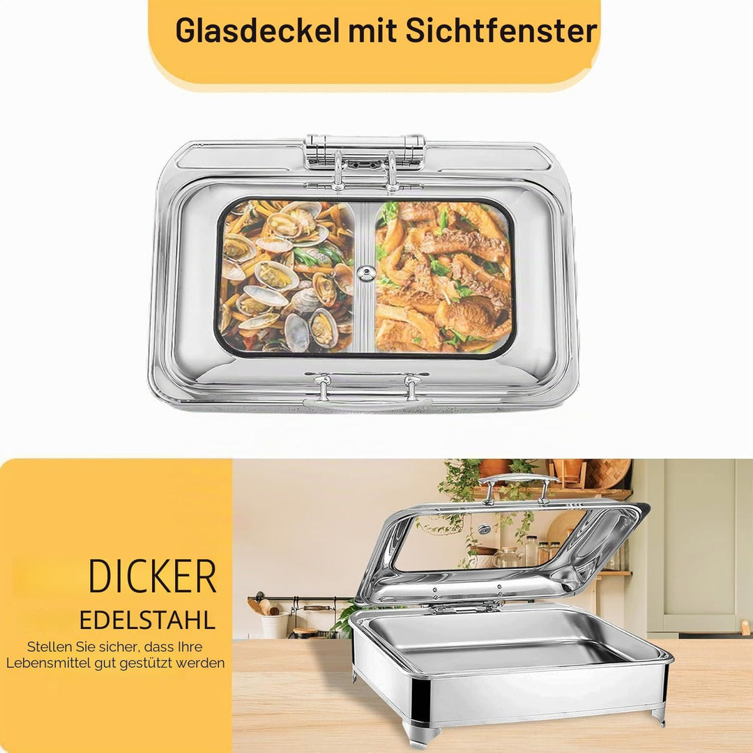 Chafing Dish Elektrisch, 9L Edelstahl Speisewärmer Buffetwärmer mit Sichtbarem Glasdeckel, Einstellb