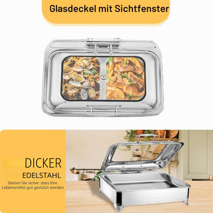 Chafing Dish Elektrisch, 9L Edelstahl Speisewärmer Buffetwärmer mit Sichtbarem Glasdeckel, Einstellb