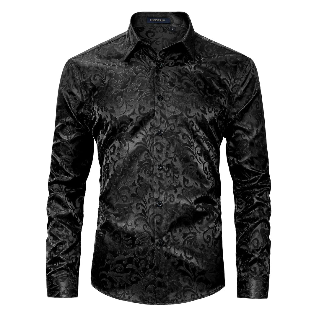 HISDERN Herren Paisley Hemd Langarm Satin Blumen Muster Hemd für Männer Jacquard Stickerei Freizeith