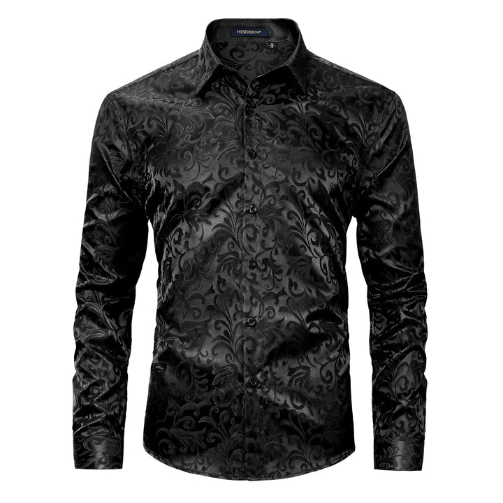 HISDERN Herren Paisley Hemd Langarm Satin Blumen Muster Hemd für Männer Jacquard Stickerei Freizeith