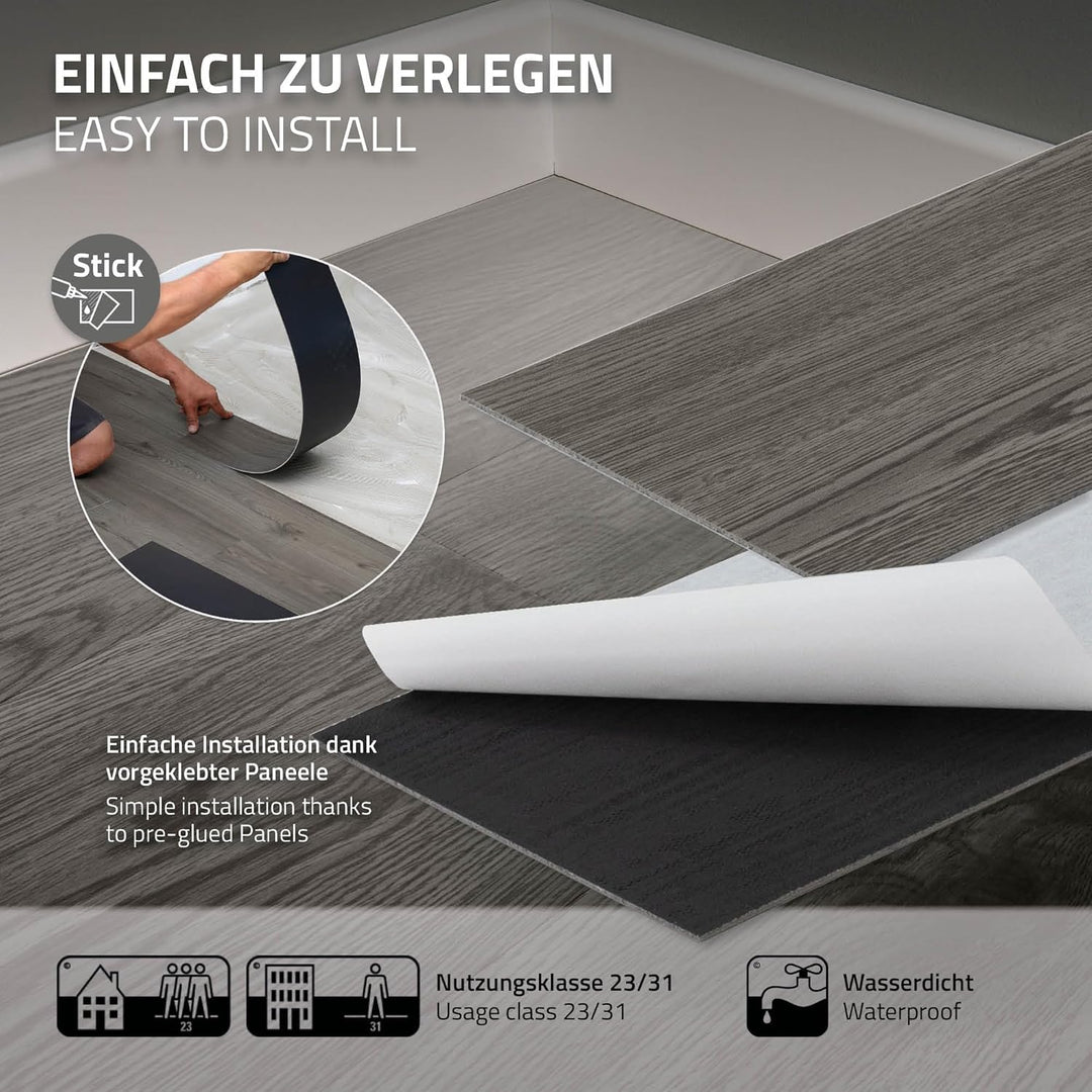 ML-Design Deluxe PVC Bodenbelag, Selbstklebende Vinyl-Dielen, Vinylboden, 91,5 cm x 15,3 cm x 2 mm,
