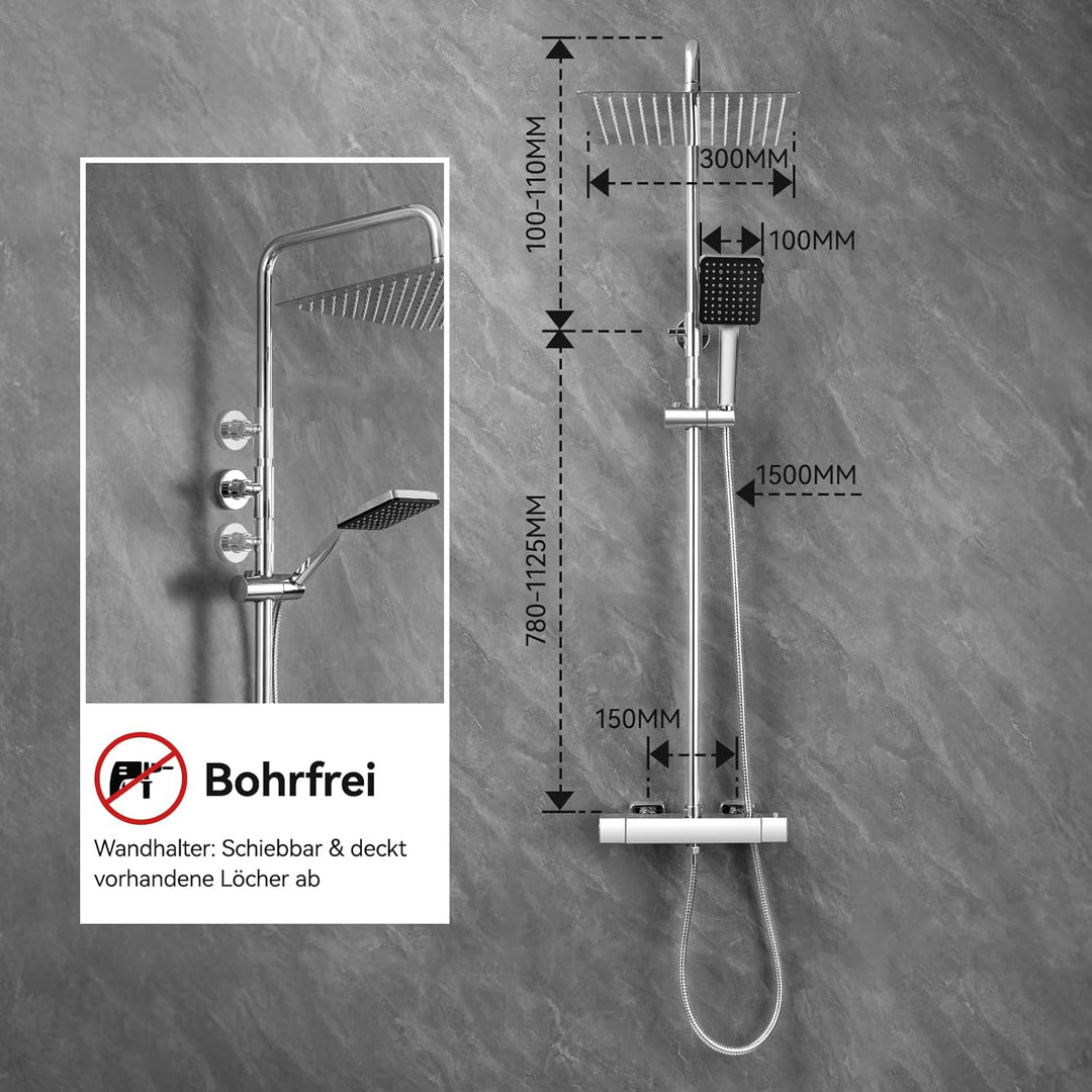 Auralum Thermostat Regendusche Komplettset Chrom Edelstahl mit 30cm Überkopfbrause, Höhenverstellbar