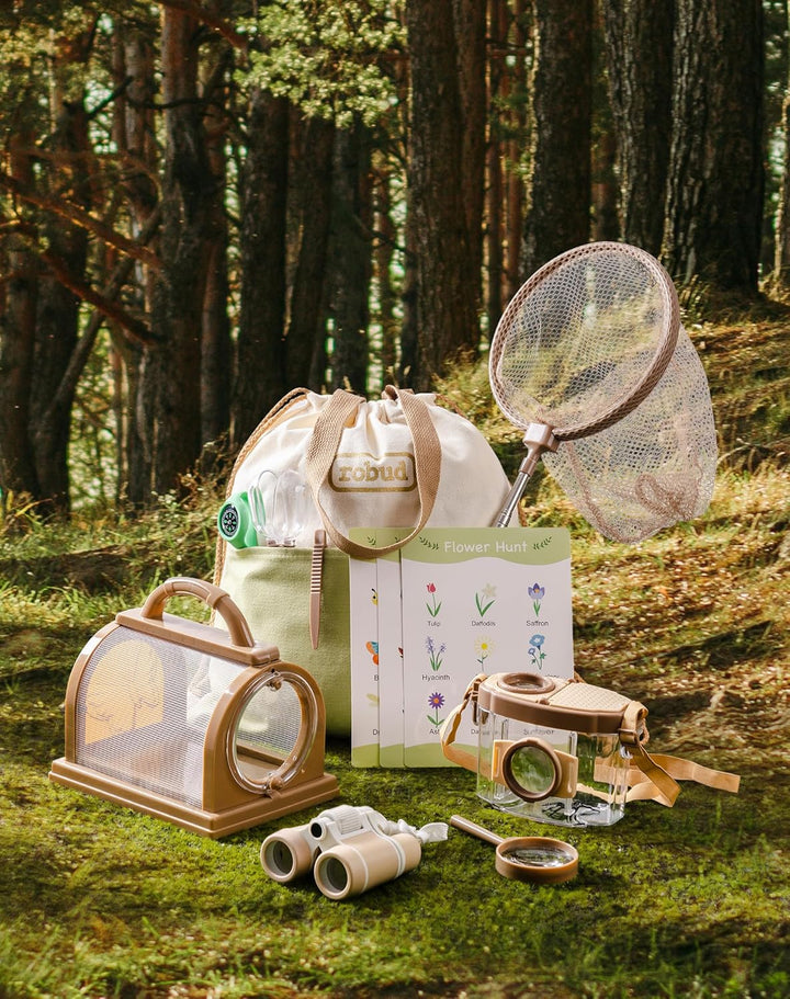 ROBUD Kids Outdoor Explorer Kit, Käferfang-Abenteuer-Sets mit Schmetterlingsnetzen, Lupen, Käferbehä
