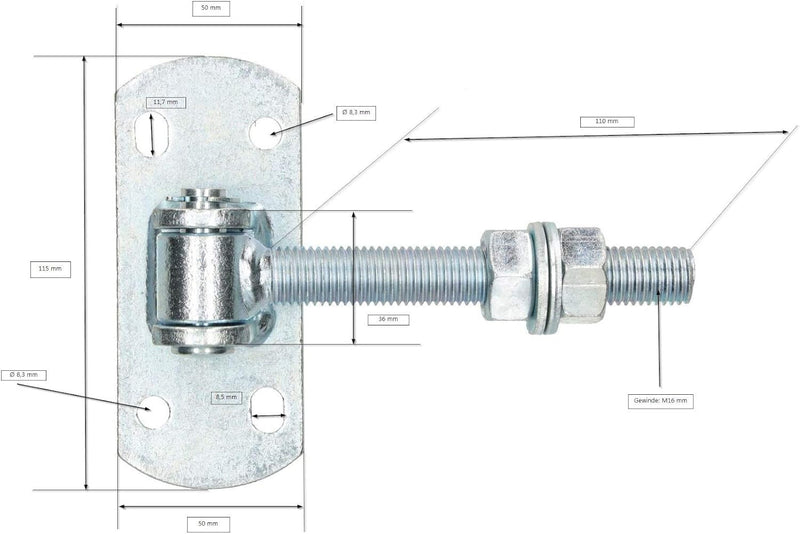 KOTARBAU 2.Stück Torangel Verzinkt Gewinde M 16 mm Langloch Einstellbar Mit Anschraubblech Torscharn