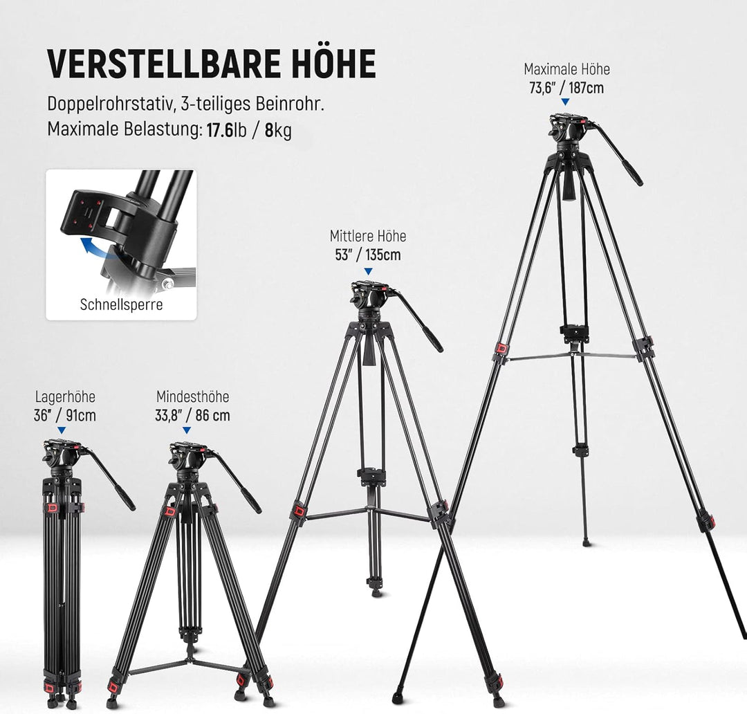 NEEWER 74" Videostativ mit Fluidkopf & Dämpfungsregelung, Aluminium Heavy Duty Kamerastativ Professi