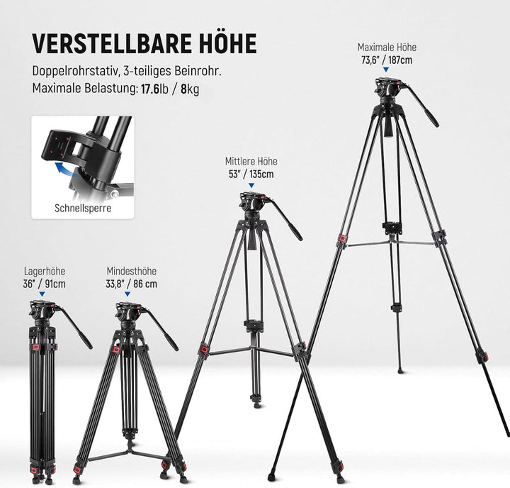 NEEWER 74" Videostativ mit Fluidkopf & Dämpfungsregelung, Aluminium Heavy Duty Kamerastativ Professi