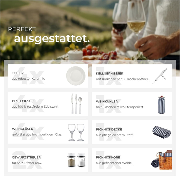 tectake® Picknickkorb und Picknickdecke 4 Personen, befüllter Picnic Basket Weidenkorb für Ausflug,