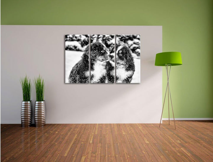 Pixxprint Monocrome, Bernersennen Hunde Welpen im Schnee 3-Teiler Leinwandbild 120x80 Bild auf Leinw