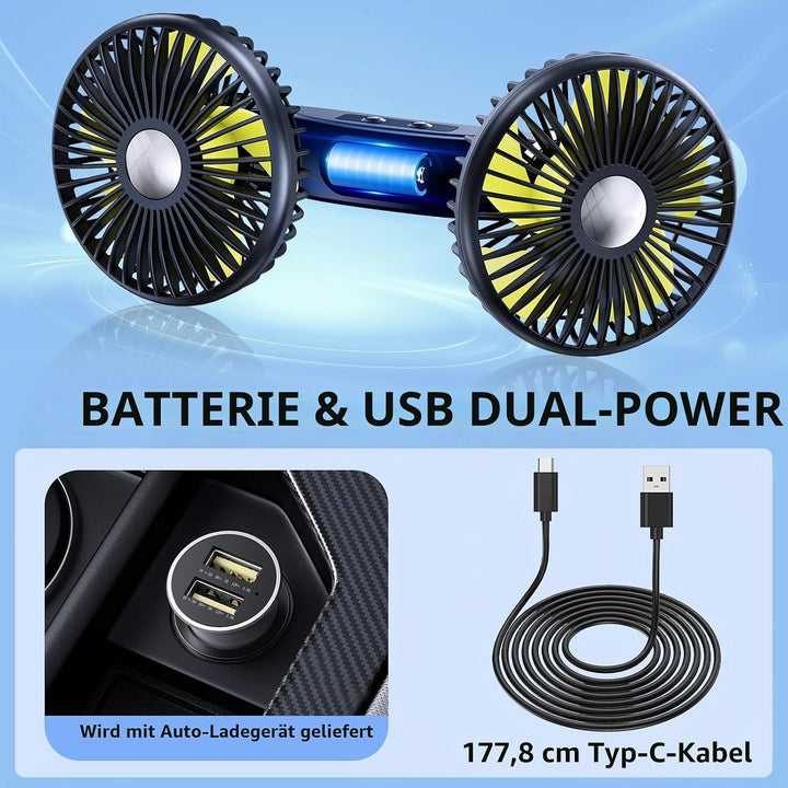 Akku Ventilator für Auto Rücksitz mit Einziehbarem Langem Arm, [Geschenk-Kfz Ladegerät & USB-C Kabel