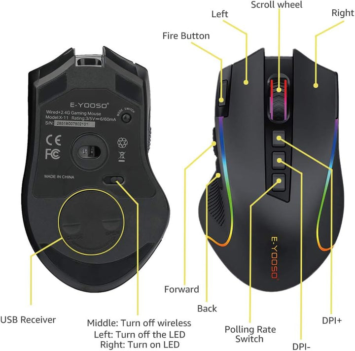 Niceon Gaming Maus kabellos RGB Wiederaufladbare, 9 Programmierbare Tasten, Langer Stunden Akkulaufz