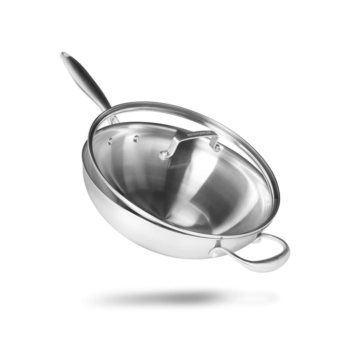 Reishunger Unbeschichteter Edelstahl Wok – 30 cm Durchmesser – mit ofenfestem Deckel – Für alle Herd
