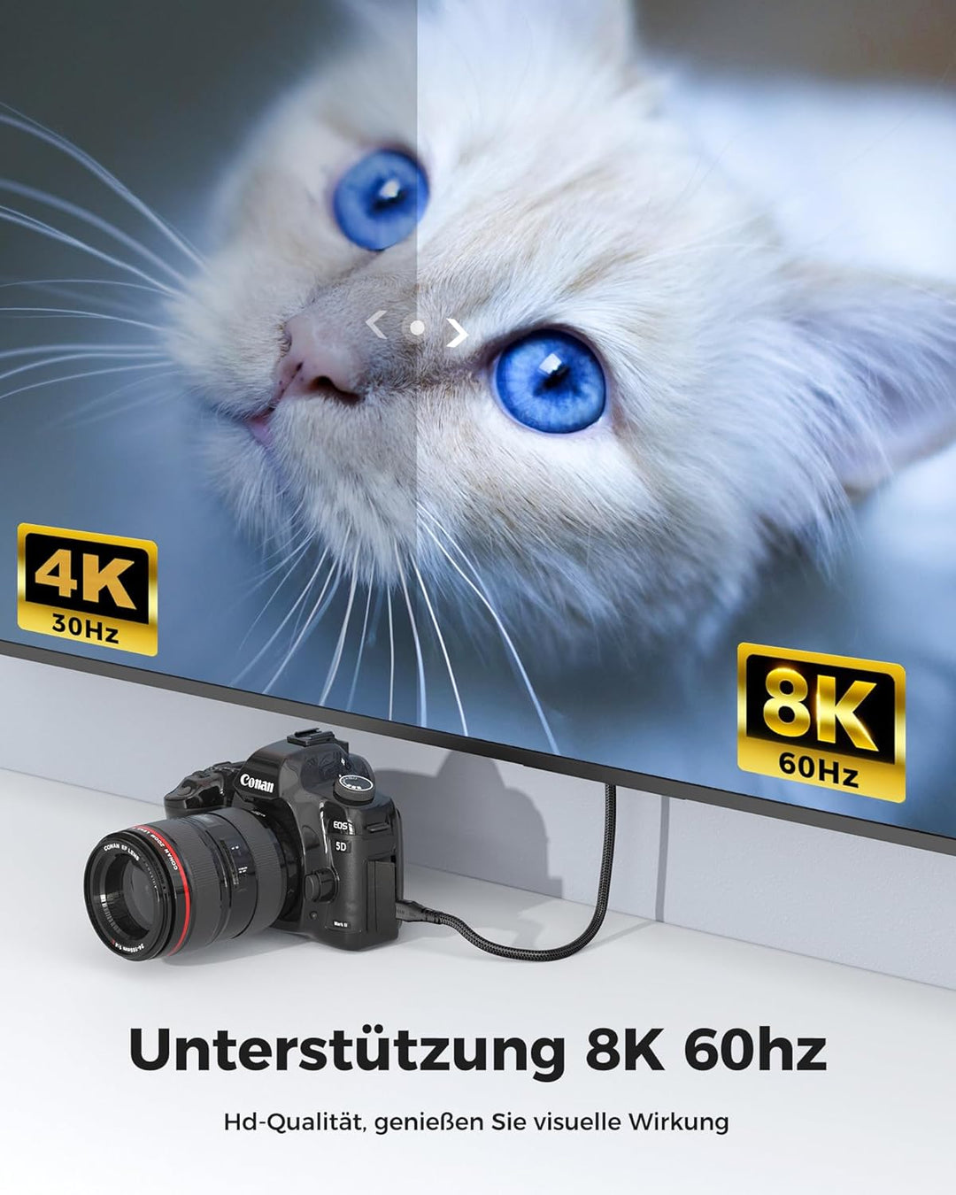 8k Micro HDMI auf HDMI 2.1 Kabel 2M, 8K@60Hz, Micro HDMI Kabelmit Ethernet 3D Full HD 1080P HDR ARC