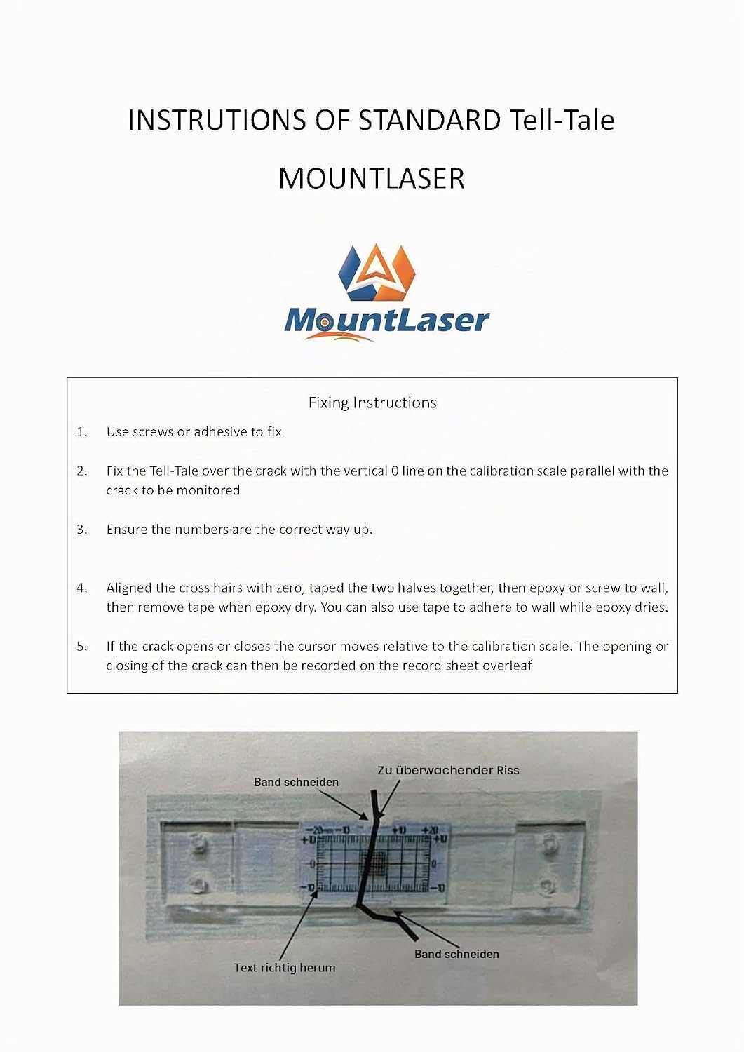 Crack Monitoring Record, Standard Tell-Tale Crack-Monitor für Standard und Eck-Tell-Tale