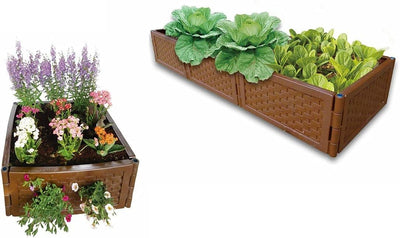 UPP Rattan Hochbeet 12er Set Braun | Pflanzkasten als Stecksystem für Garten & Balkon | Blumenkasten