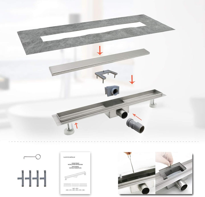 SaniteModar Duschrinne 80cm, Siphon mit Geruchsstop und Haarfilter, Bodenablauf, Befliesbar, Badezim