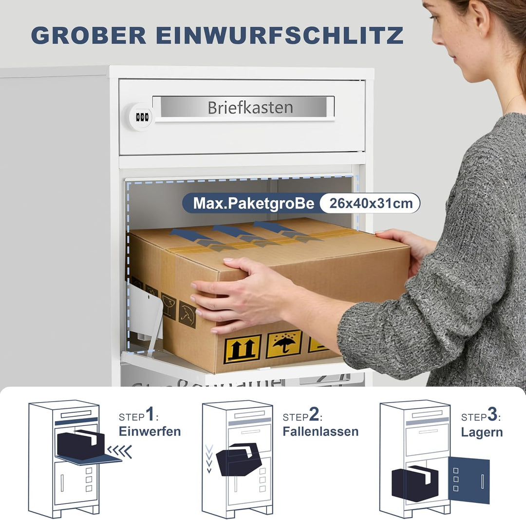 Paketbriefkasten Metall mit Zahlenschloss personalisiert | Paketbox Weiss lasergraviertes Namensschi