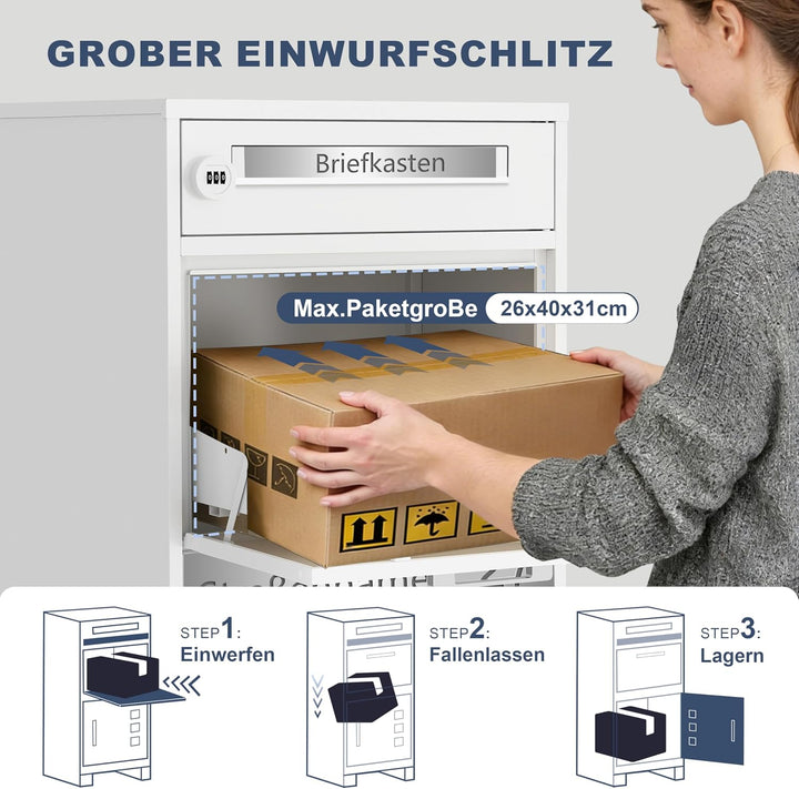 Paketbriefkasten Metall mit Zahlenschloss personalisiert | Paketbox Weiss lasergraviertes Namensschi