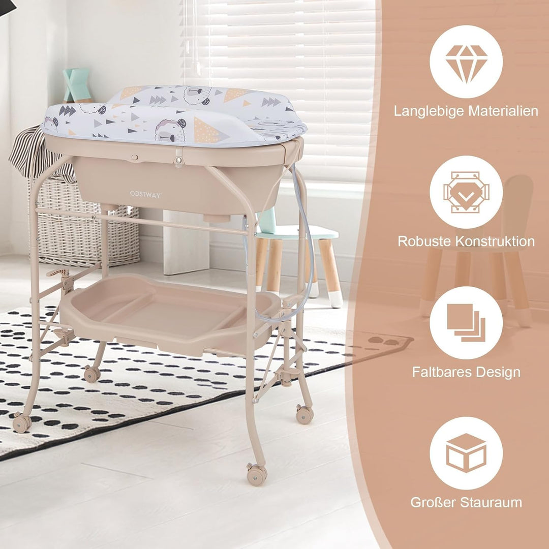 COSTWAY 4 in 1 Wickeltisch mit Badewanne, tragbare Wickelkommode mit PVC-Auflage & Abflussrohre, mob