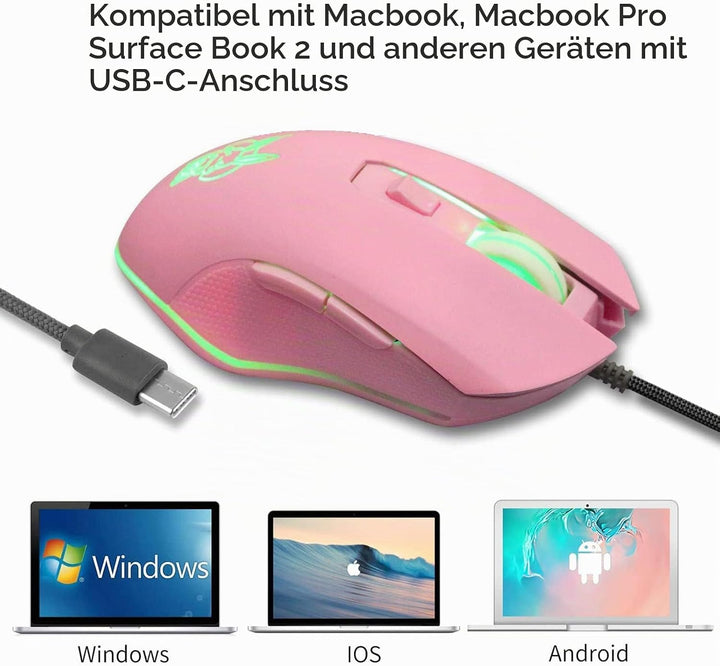 IULONEE Kabelgebundene Gaming-Maus USB C geräuscharmes Klicken 7 Farben Hintergrundbeleuchtung optis