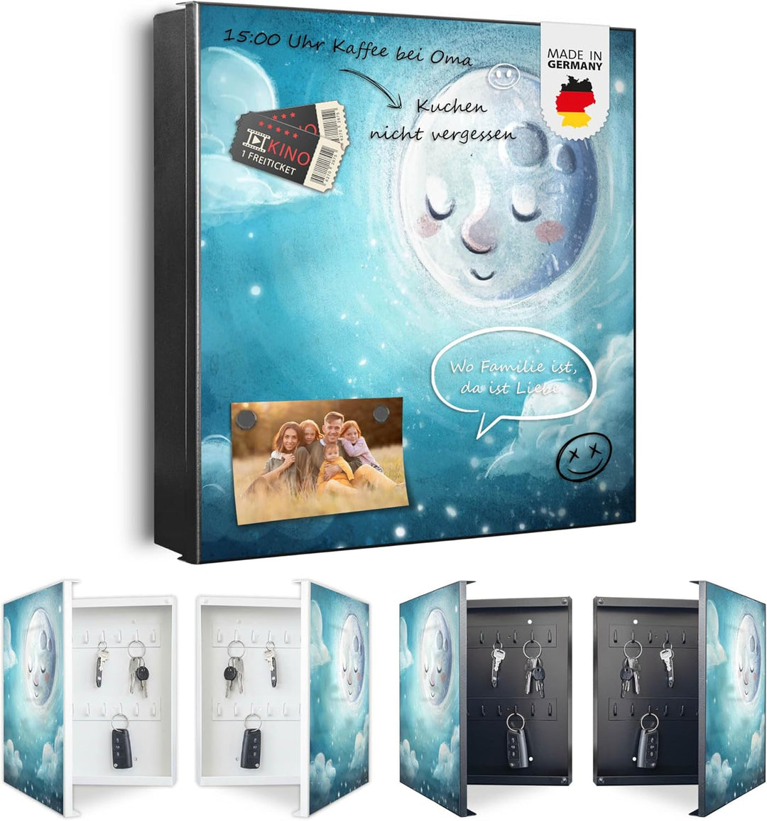banjado® Grosser Schlüsselkasten Glas/Schlüsselbox 30cm x 30cm mit 50 Haken - Motiv schlafender Mond