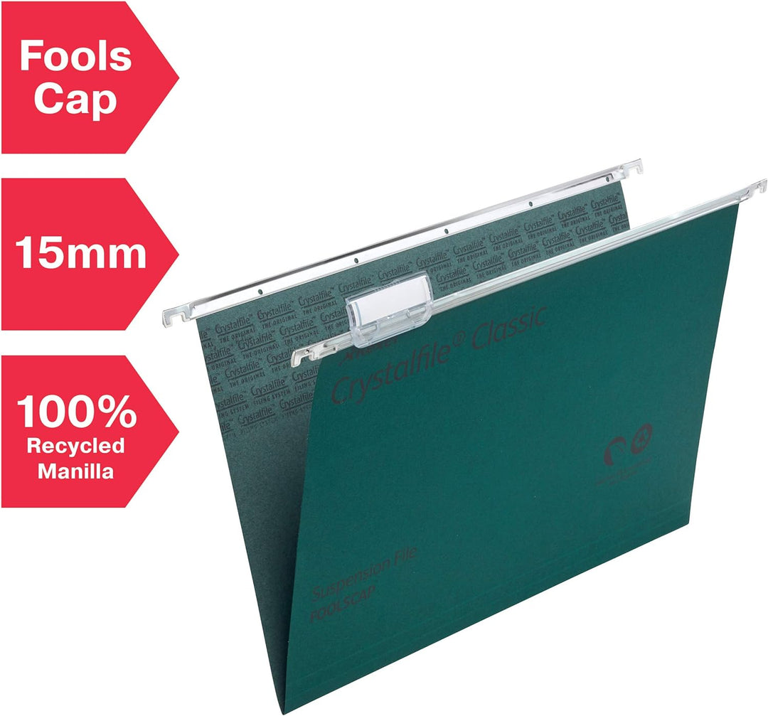 Rexel CrystalFile Classic Hängemappen (Manila-Karton, 15 mm V-Boden, Format Foolscap) 50 Stück grün