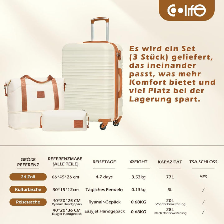 COOLIFE Koffer Set 3 Teilig: Luggage Set Mittelgross 24‘’ + Reisetasche &amp; Kulturtasche | ABS Hartsch