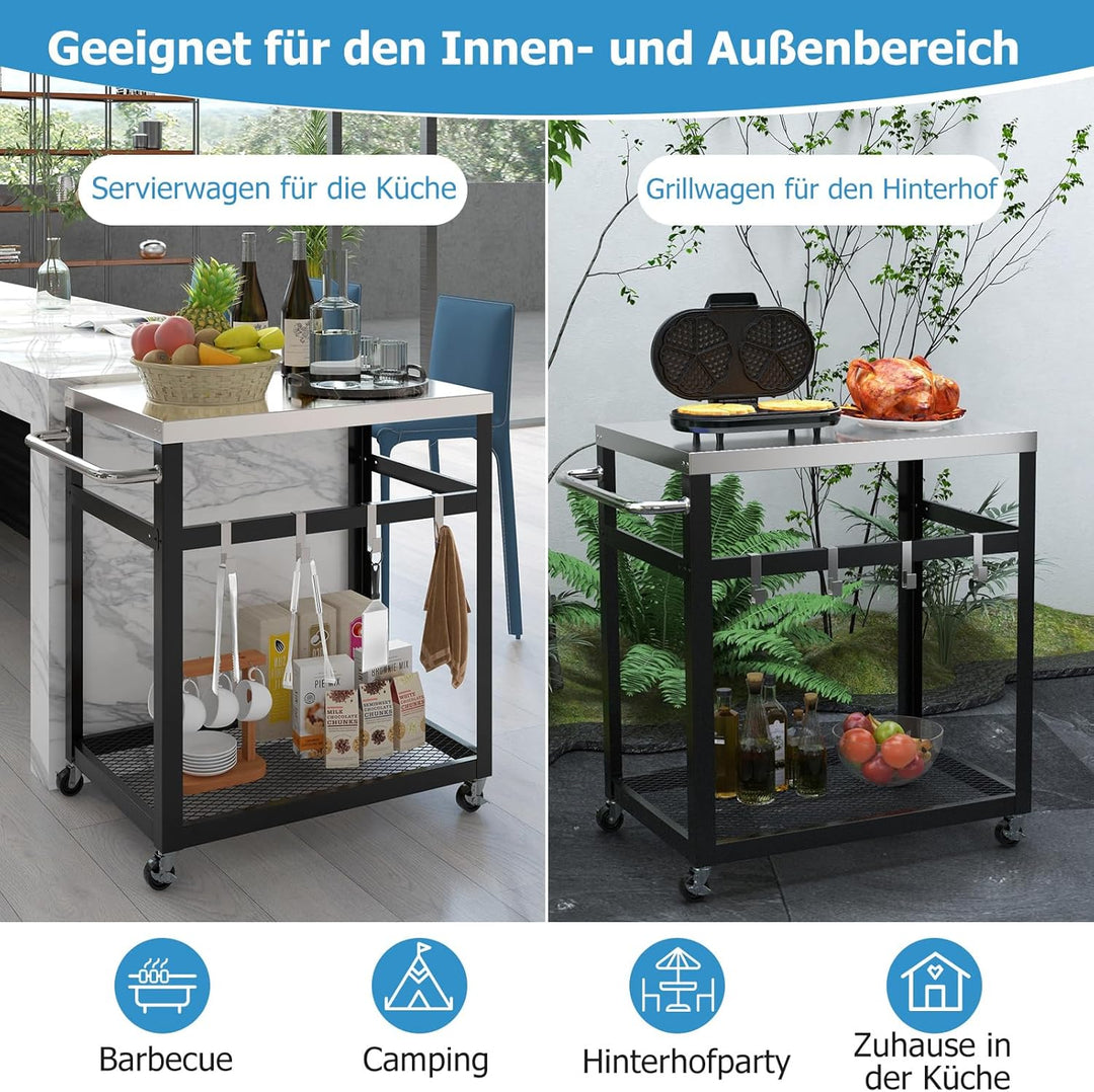 GYMAX Rollender Servierwagen, Grillwagen mit Edelstahl Arbeitsplatte, Rollwagen mit 4 Rädern, Haken