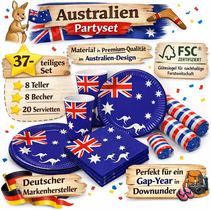 DH-Konzept/CARPETA 37-TLG. Party-Set * AUSTRALIEN * mit Pappteller + Servietten + Pappbecher + Lufts