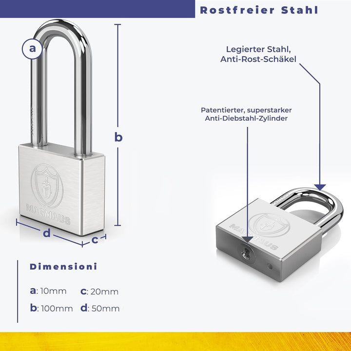 Magmaus® PDE/50 [Nicht Rostend] Schweres Vorhängeschloss für den Aussenbereich wetterfest - [10mm An