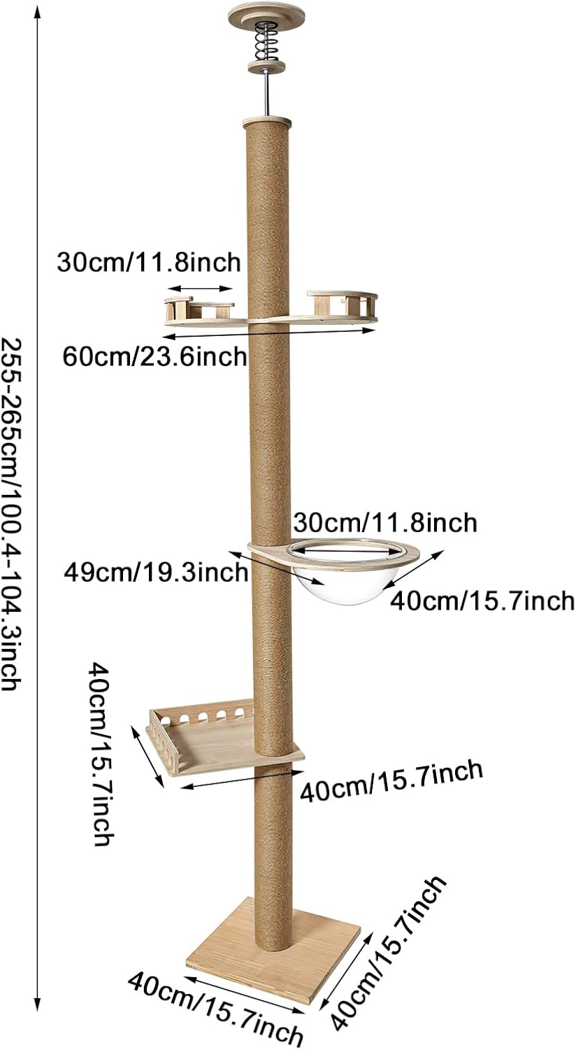 Katzenbaum Deckenhoch 255–265 cm aus Kiefernholz mit Kratzsäule | Platzsparendes Kletterparadies mit